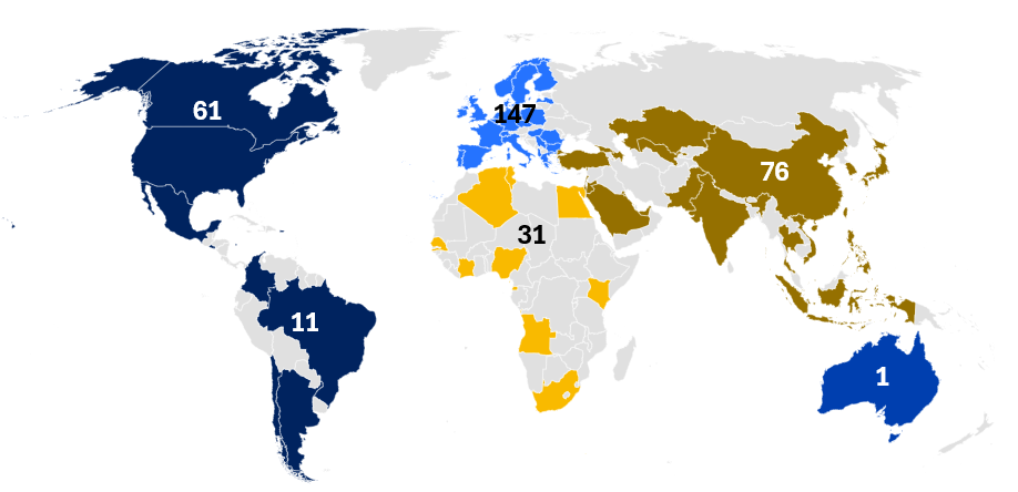 Grafische Darstellung einer Weltkarte, die die Anzahl an SD-WAN-migrierten Standorten pro Kontinent veranschaulicht Grafische Darstellung einer Weltkarte, die die Anzahl an SD-WAN-migrierten Standorten pro Kontinent veranschaulicht