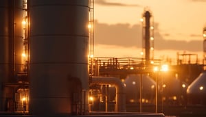 An energy company's industrial facility, featuring tanks, pipelines, and smokestacks, silhouetted against the setting sun