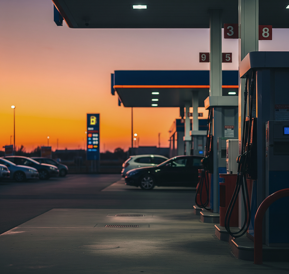 A gas station with several pumps and parked cars at dusk